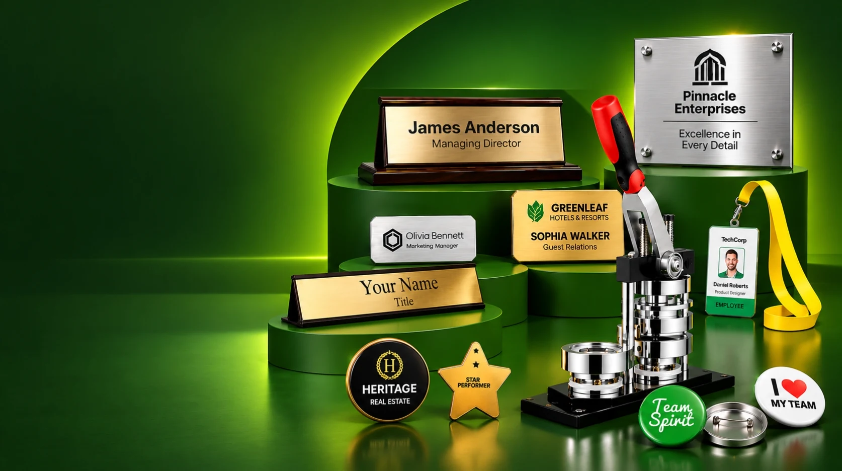 Badge-A-Minit product showcase — desk name plates, name badges, a stainless steel plaque, the button badge press, an ID card on a lanyard and custom button badges